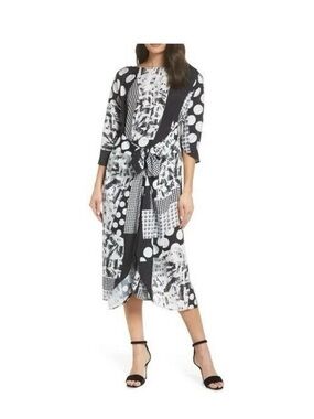 CAARA Black and White scarf dress Midi Dress with Tie Front NWT